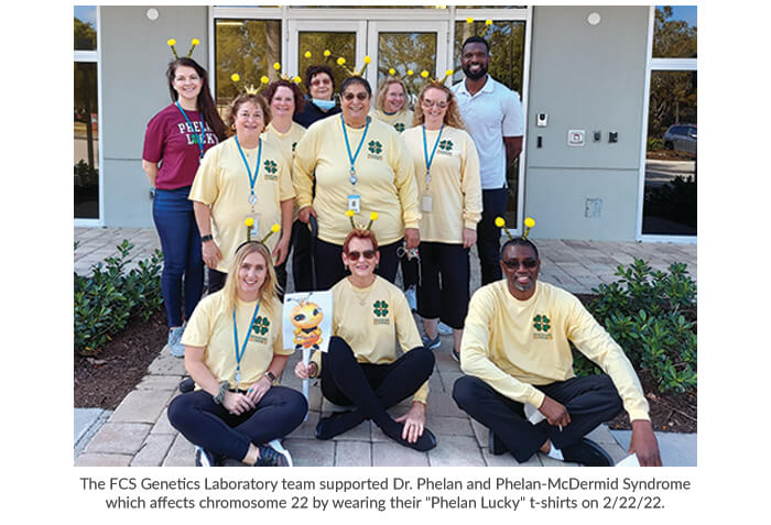 The FCS Genetics Laboratory team supported Dr. Phelan and Phelan-McDermid Syndrome which affects chromosome 22 by wearing their 